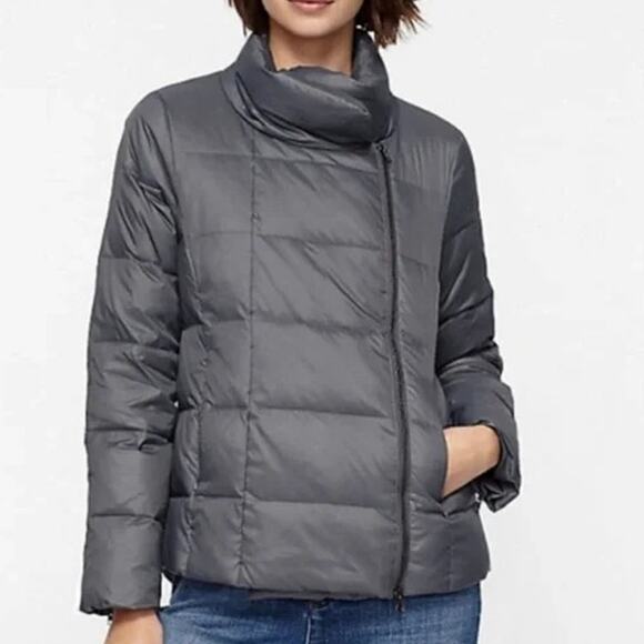 Eileen Fisher Gray Quilted Puffer Jacket Asymmetric Zip High Collar - Size S - Picture 12 of 12